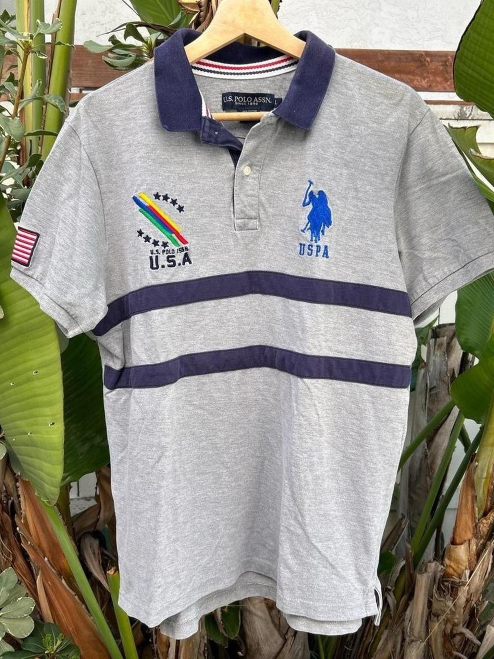 Vintage 2000s U.S. Polo Assn USA Flag Striped Polo Shirt Gray Large